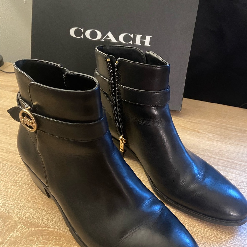Coach Black Leather Booties with Gold Buckle